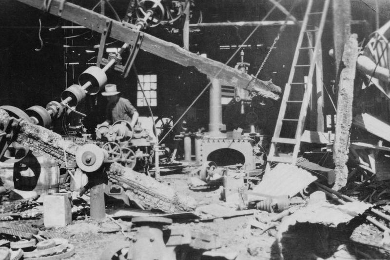 Fire-damaged interior of a historic distillery