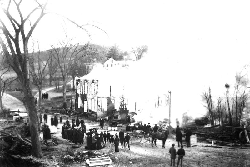 Smoke and building ruins after a fire